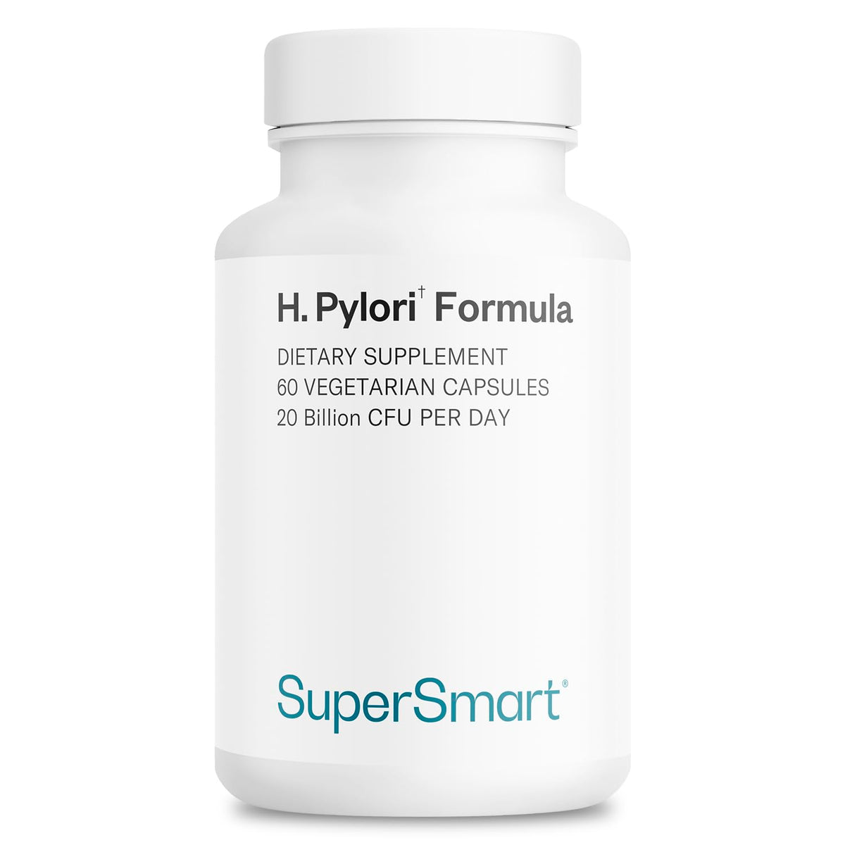 Supersmart H. Pylori Formula bottle front shows high potency probiotic for digestive balance.