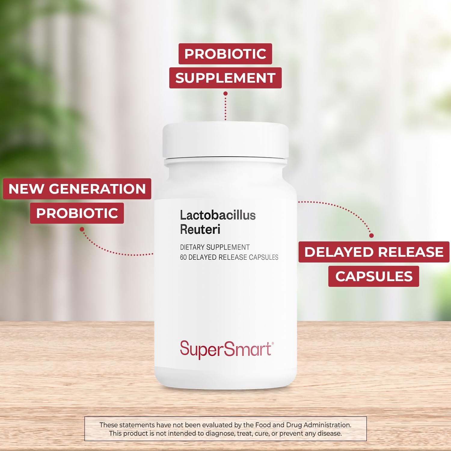 Supersmart non-GMO and gluten-free label on probiotic packaging