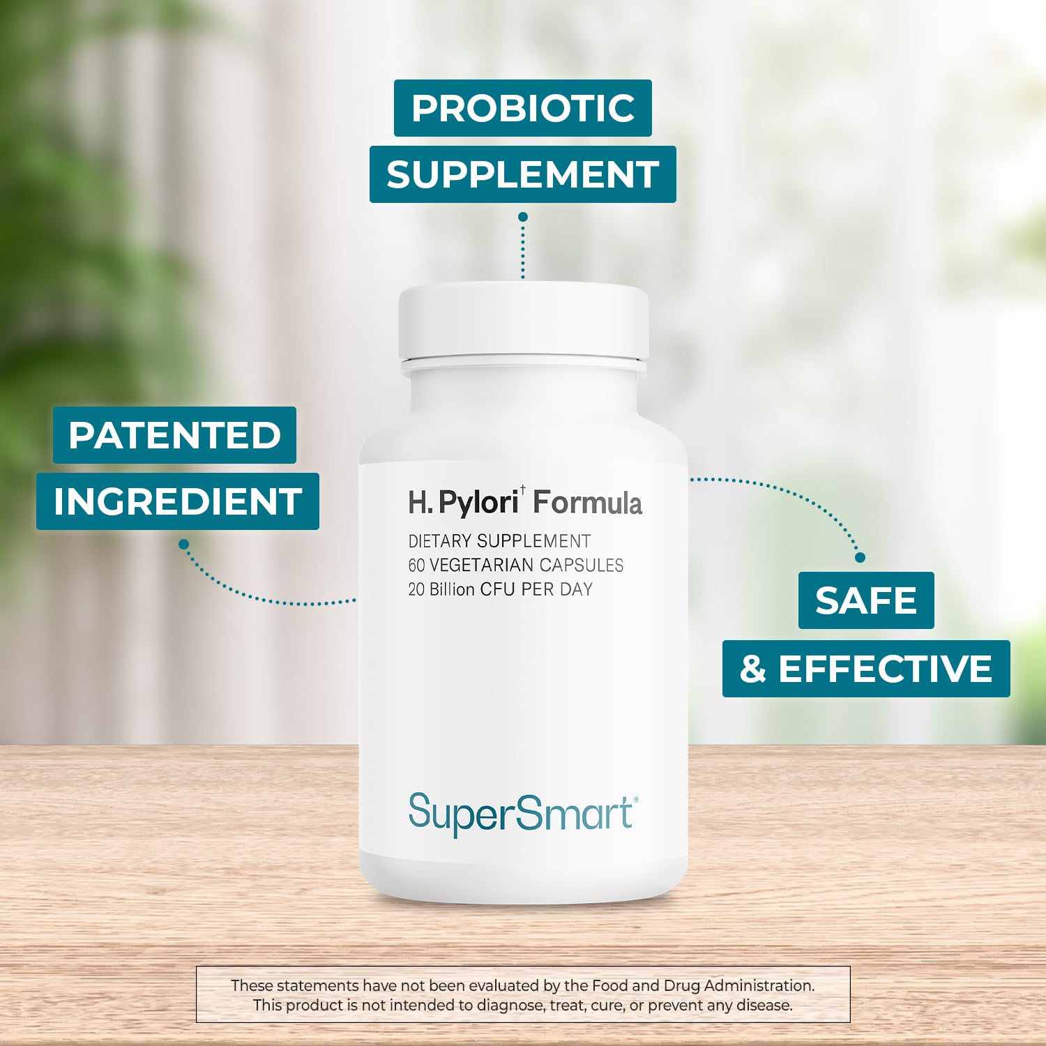 Label detail highlights non-GMO and gluten-free features on Supersmart H. Pylori.
