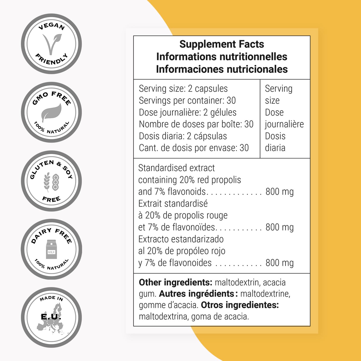 Supersmart Red Propolis ingredients panel highlighting 20% propolis and 7% flavonoids