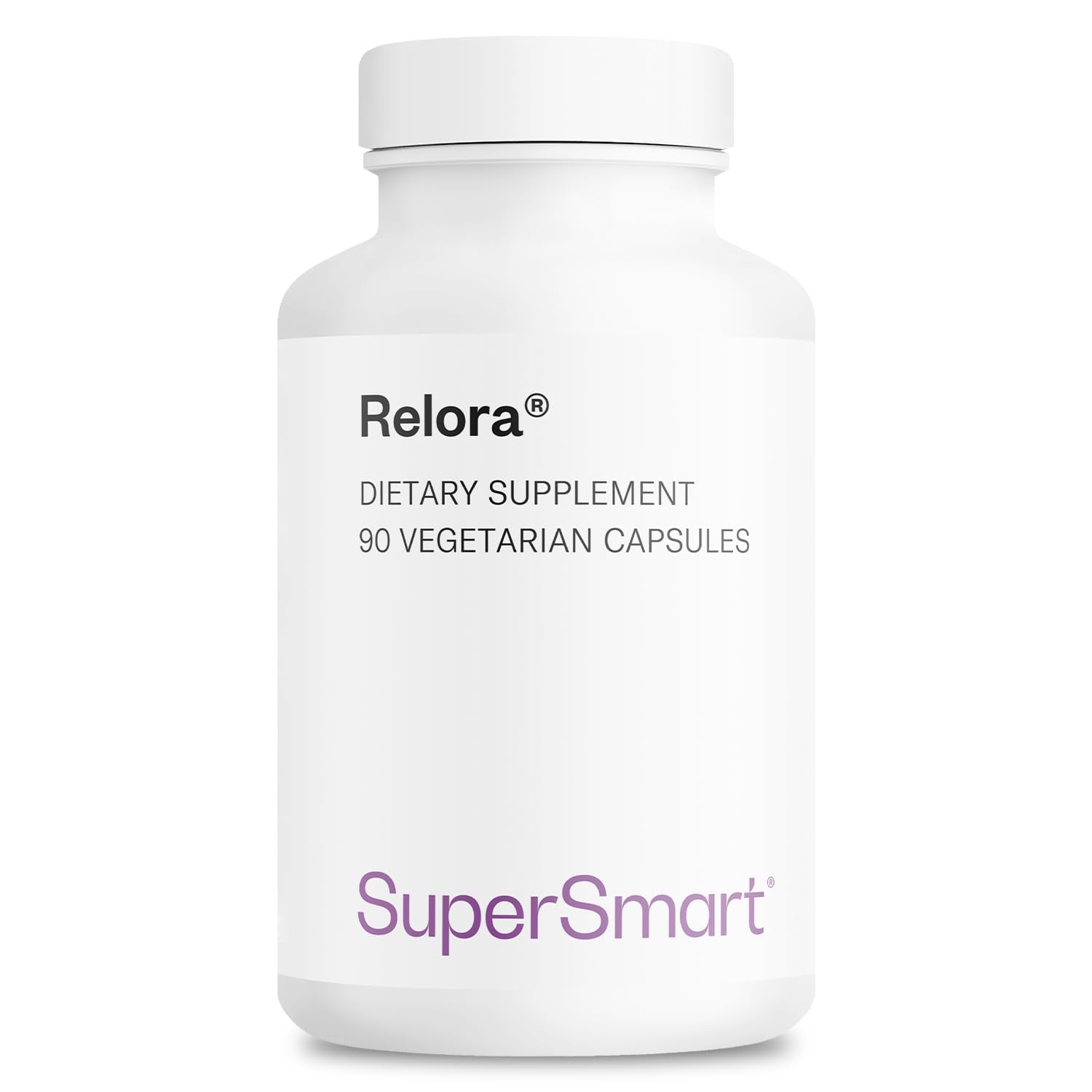 Supersmart Relora 750 mg bottle on shelf suggesting natural stress support