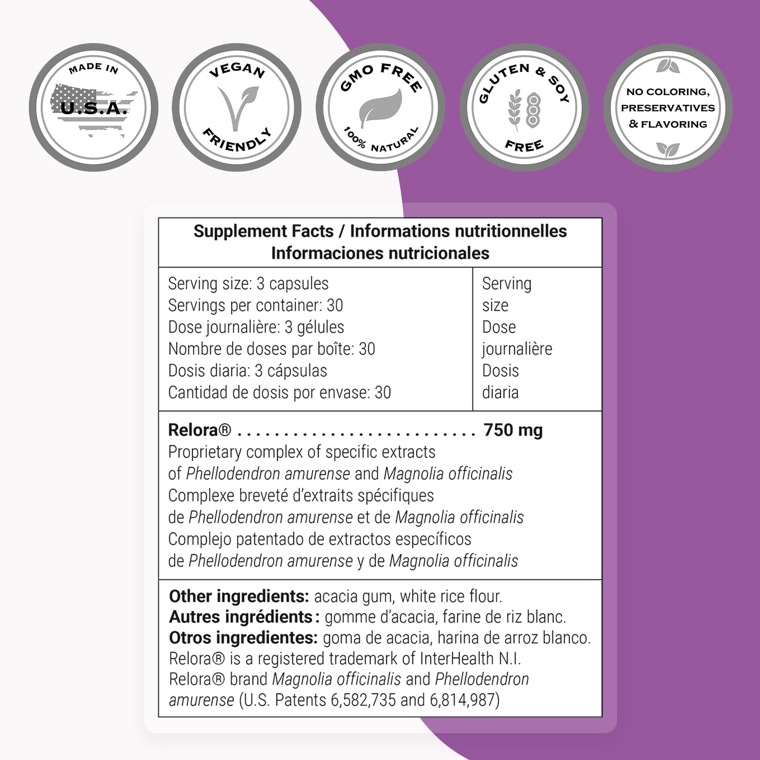 Bottled Relora label shows non-GMO, gluten-free, and vegan features