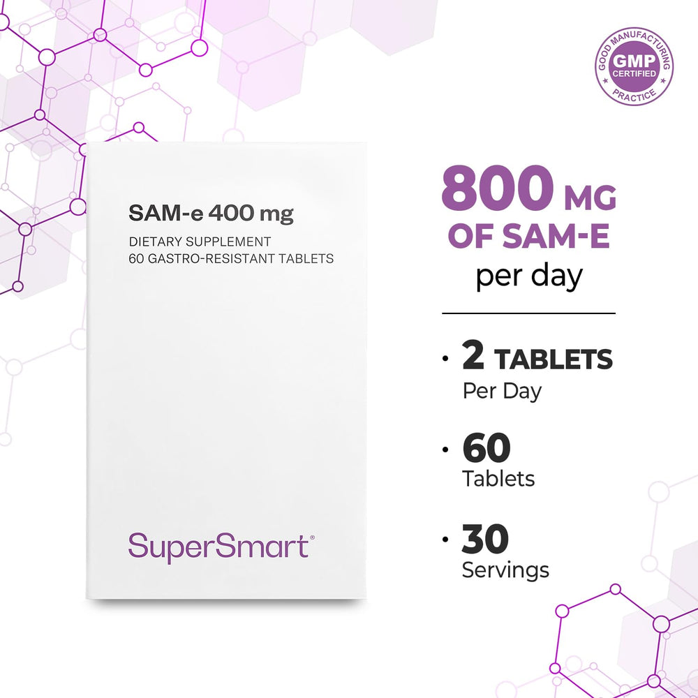 Non-GMO, gluten-free label on Supersmart SAM-e box assures quality.