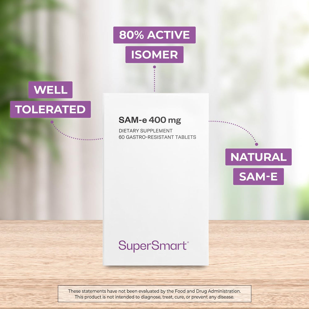 Close-up of Supersmart SAM-e tablets, highlighting the vegan-friendly formula.
