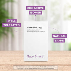 Close-up of Supersmart SAM-e tablets, highlighting the vegan-friendly formula.