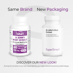 Supersmart St. John’s Wort extract bottle back view showing dosage details for easy use.