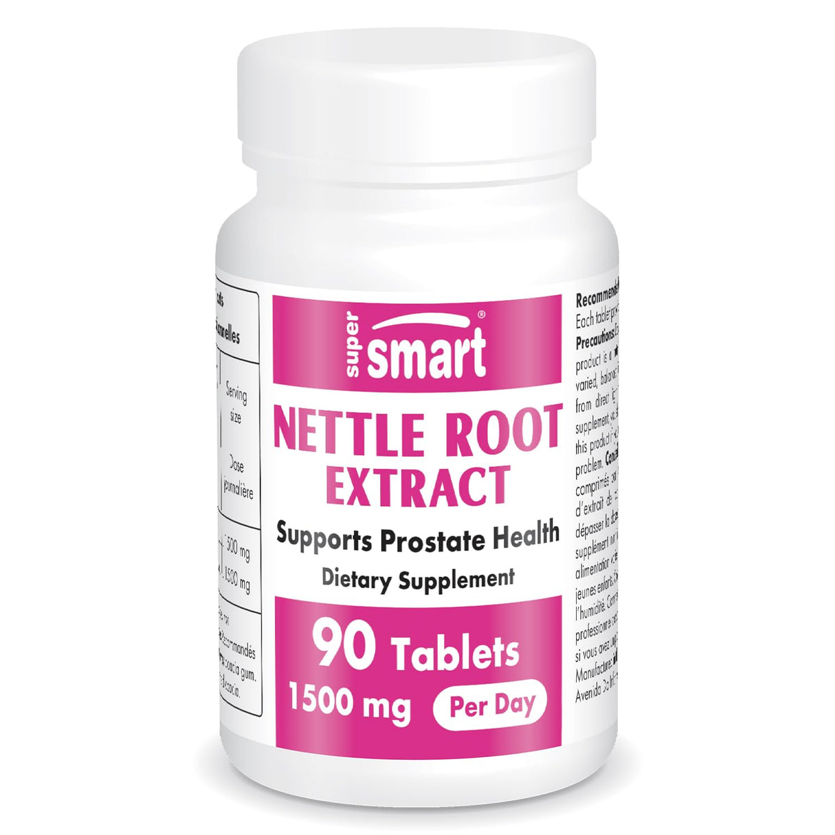 Supersmart stinging nettle root bottle front for easy daily urinary support.