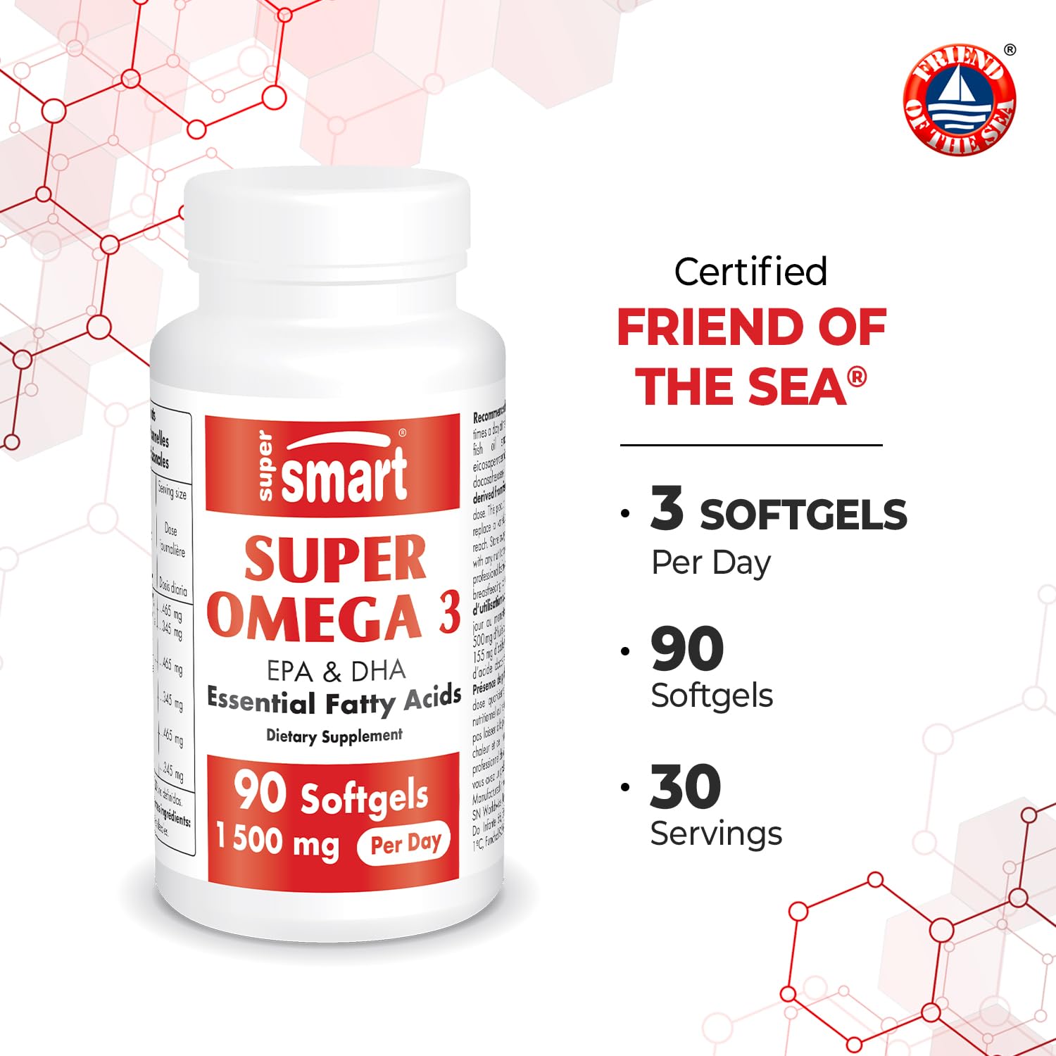 Front label of Supersmart Omega 3 highlighting sustainability and quality