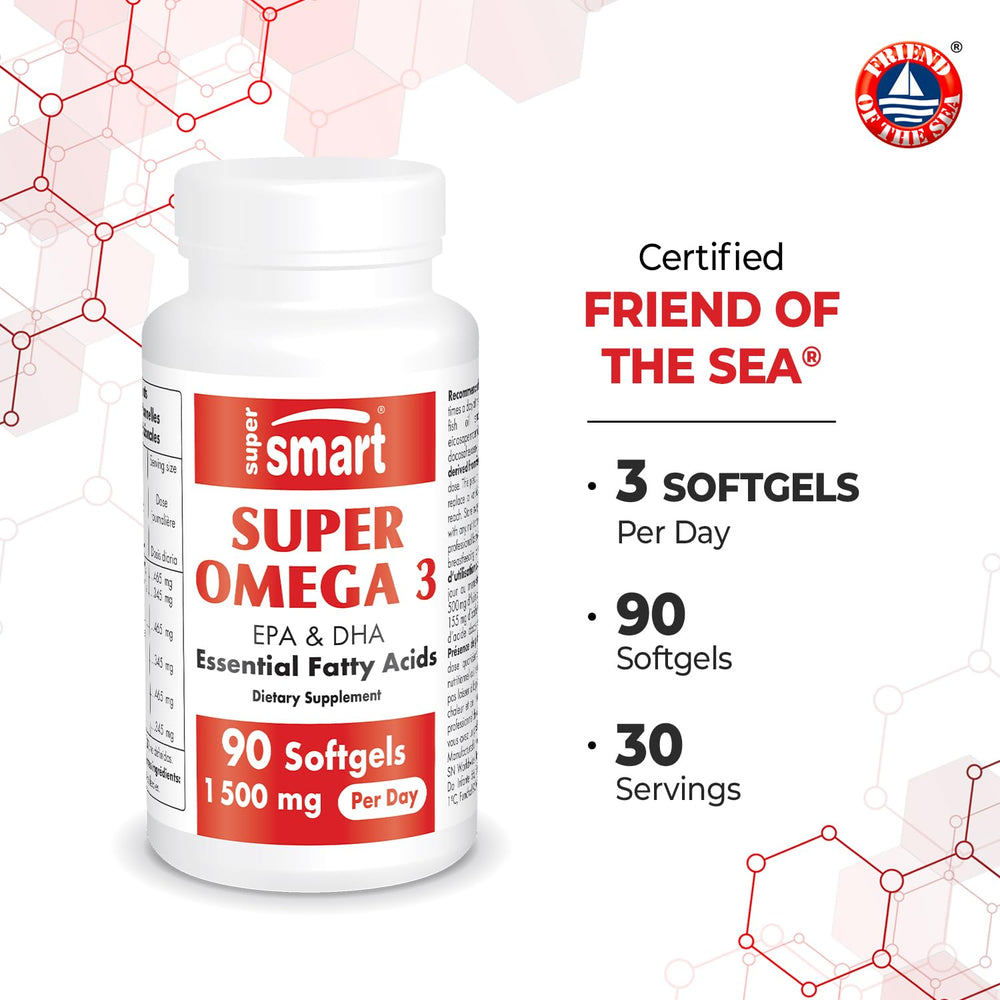 Front label of Supersmart Omega 3 highlighting sustainability and quality