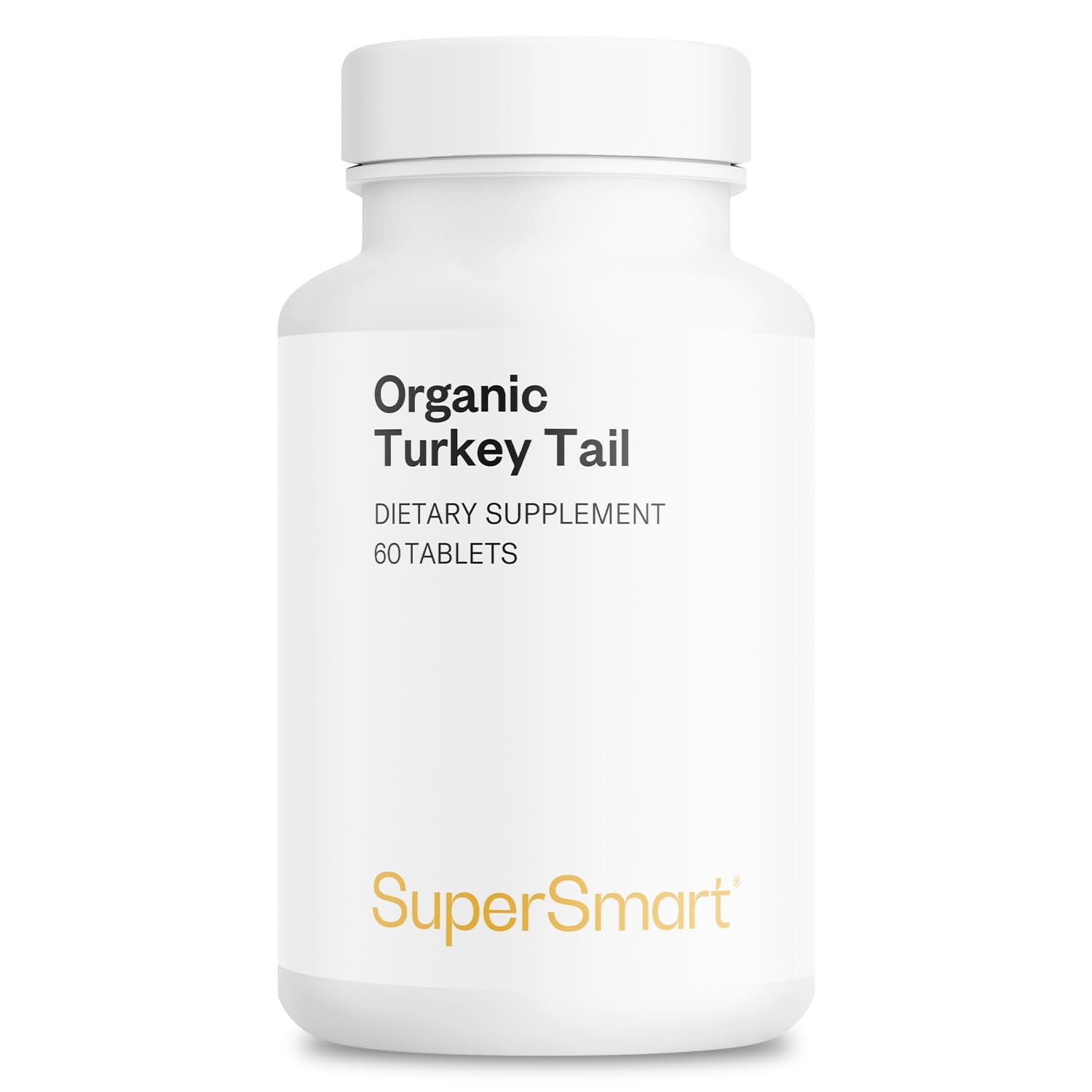 Supersmart Turkey Tail bottle front with organic extract and 50% polysaccharides.