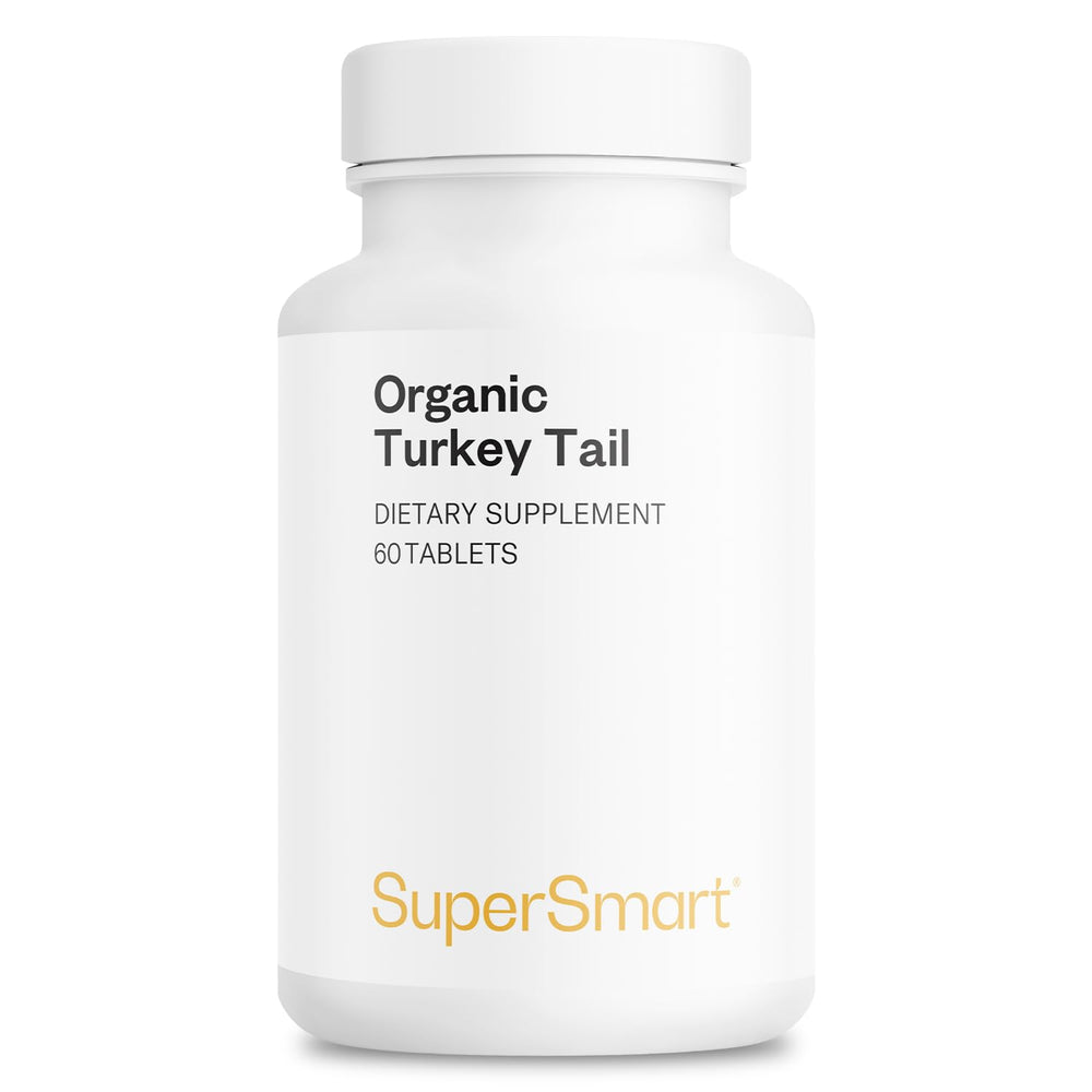 Supersmart Turkey Tail bottle front with organic extract and 50% polysaccharides.