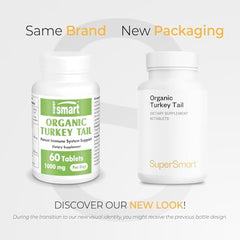 Supersmart Turkey Tail capsules close-up shows potency and vegan formulation.