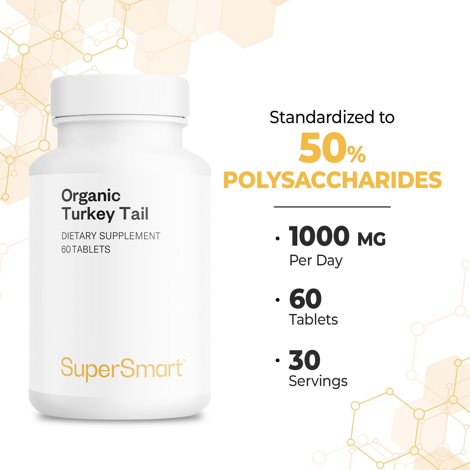 Supersmart turkey tail daily-dosage illustration shows two capsules per day.