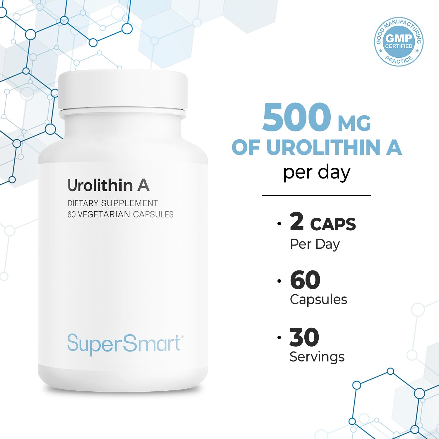 Supersmart Urolithin A vegan softgels on a neutral backdrop
