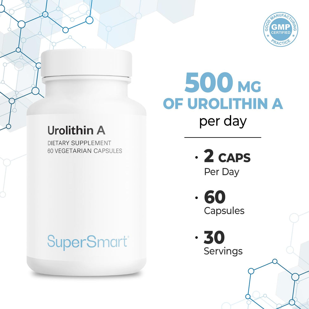 Supersmart Urolithin A vegan softgels on a neutral backdrop
