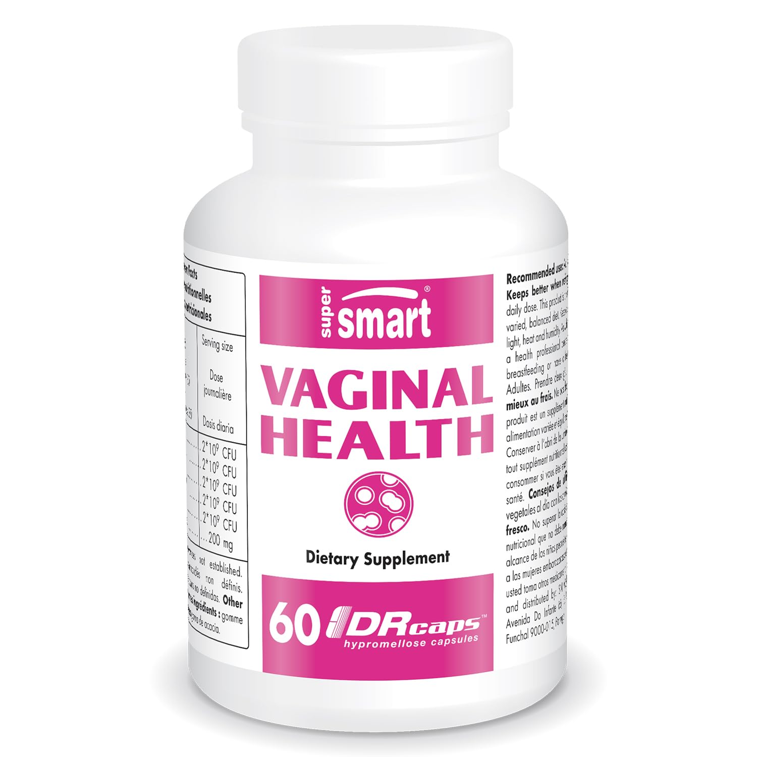 Supersmart Vaginal Health bottle shown for daily flora support and easy dosing.