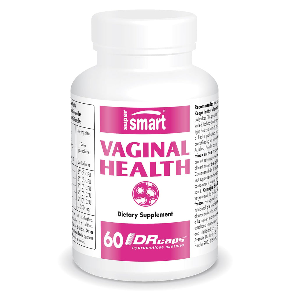 Supersmart Vaginal Health bottle shown for daily flora support and easy dosing.