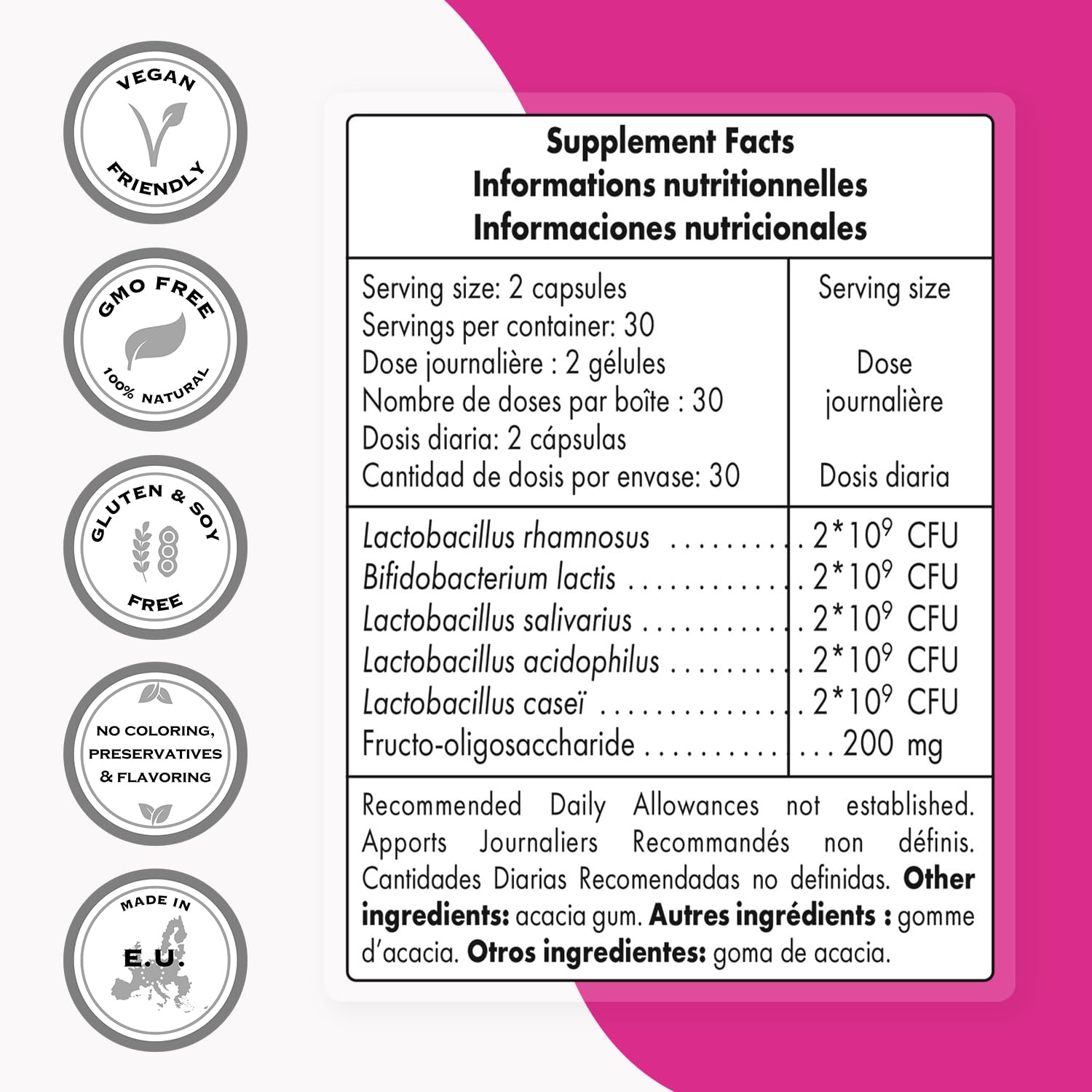 Supersmart Vaginal Health label close-up highlighting non-GMO, gluten-free formulation.