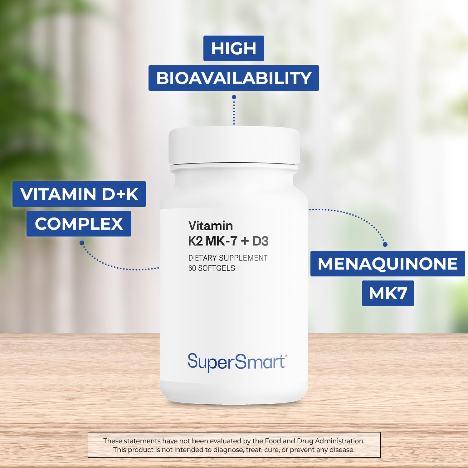 Supersmart vitamin K2 MK7 + D3 softgel close-up for daily use.