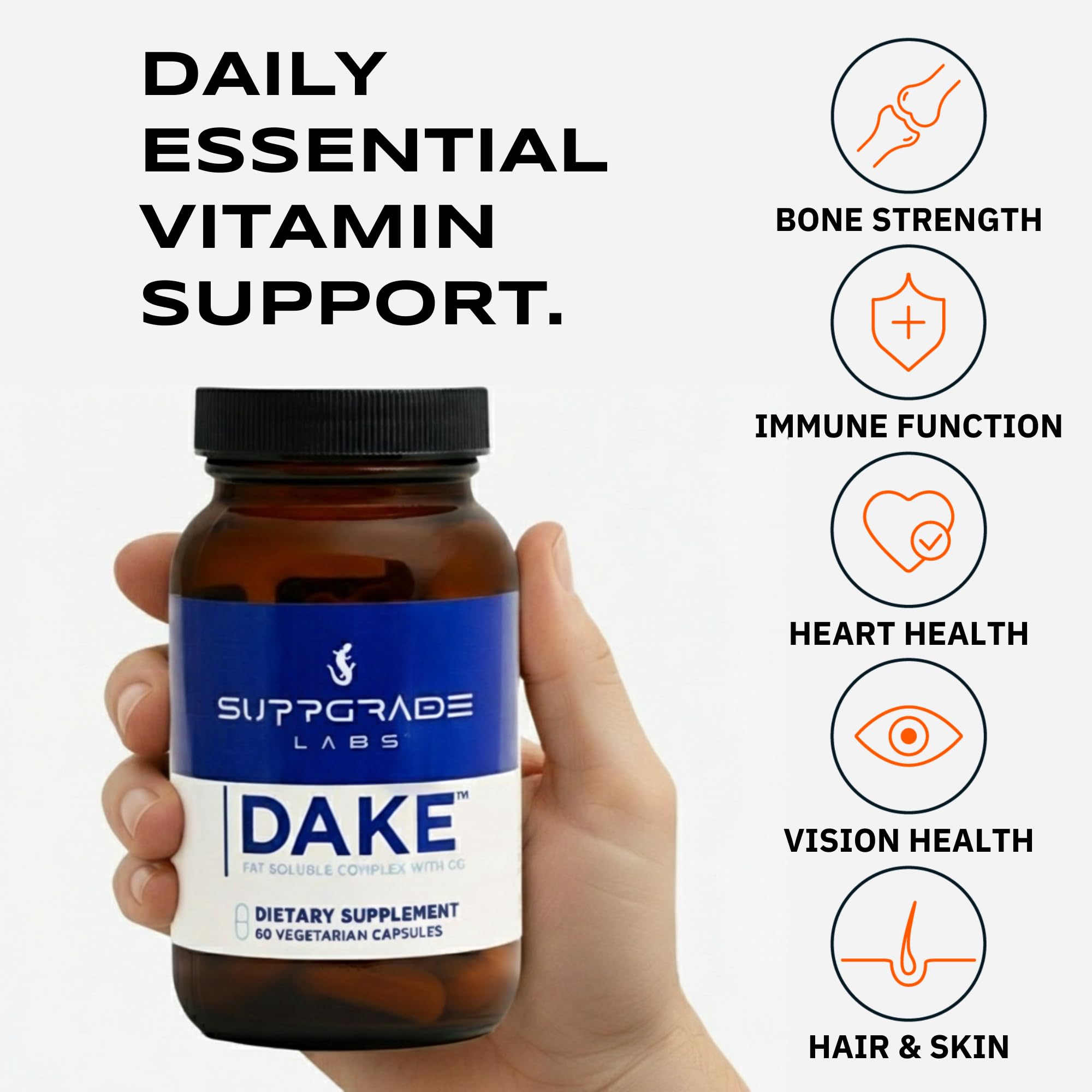 DAKE label closeup highlighting vitamins D, A, K, and E on the bottle.