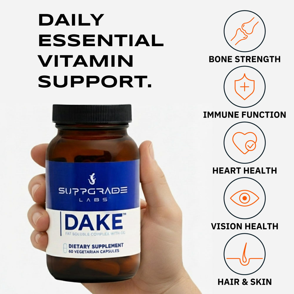 DAKE label closeup highlighting vitamins D, A, K, and E on the bottle.