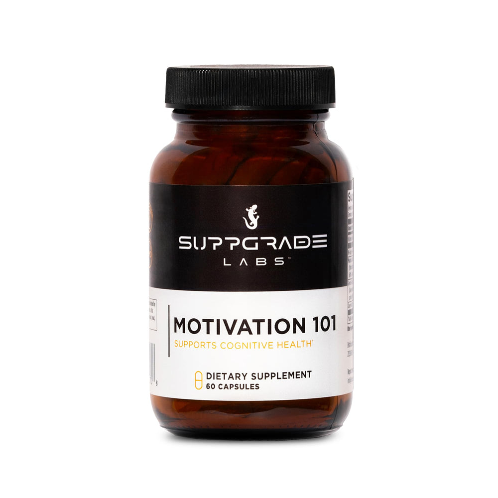 Suppgrade Labs Motivation 101 bottle focused on daily capsules for improved concentration.