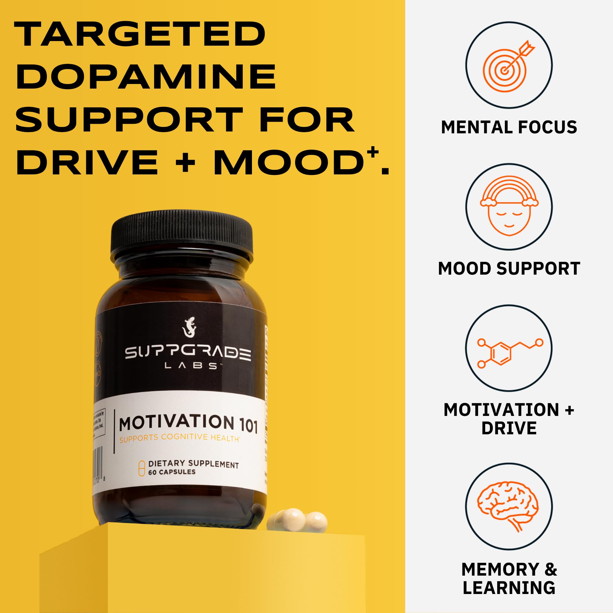 Suppgrade Labs Motivation 101 capsules ready for morning routine to boost motivation.