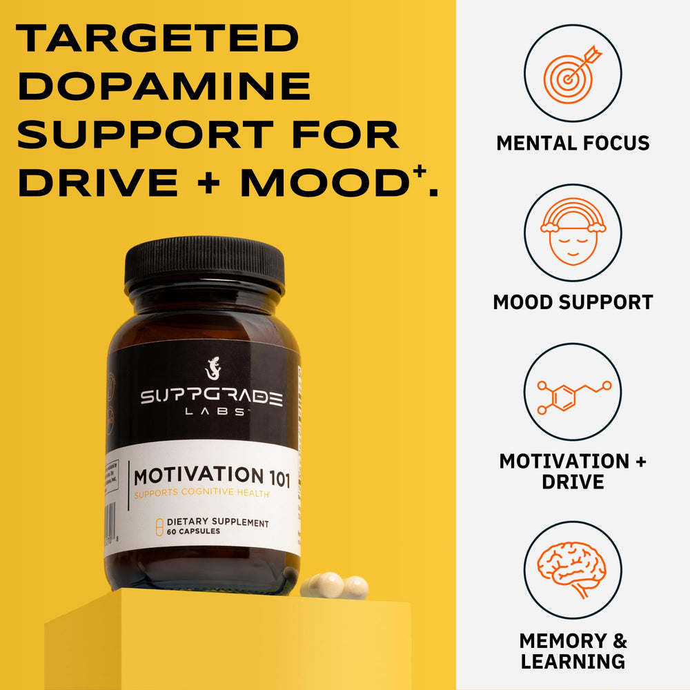 Suppgrade Labs Motivation 101 capsules ready for morning routine to boost motivation.