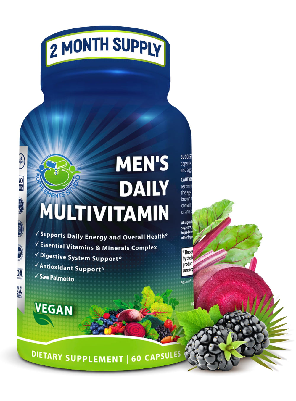 SUPPLEMENTS STUDIO Men's Daily Multivitamin bottle with capsules for daily energy support.