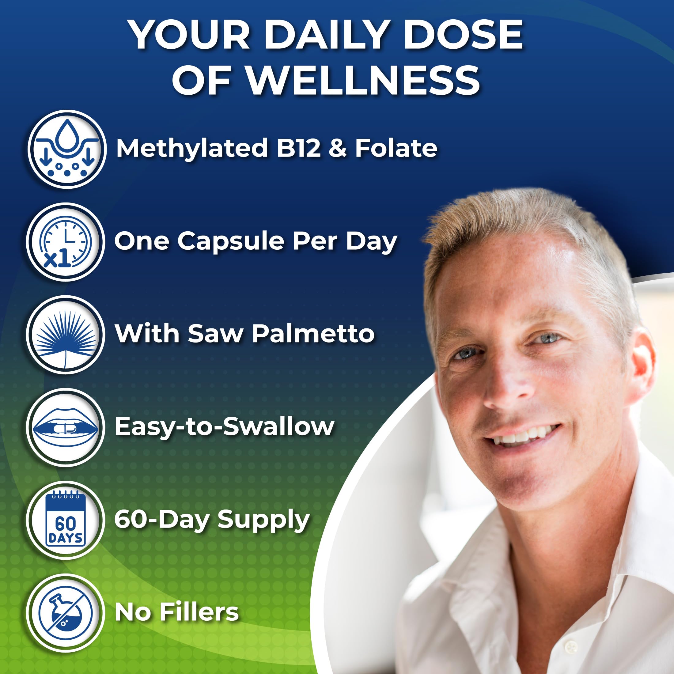 Supplements Studio Men's Daily Multivitamin capsules closeup highlights vegan formula and easy swallow.