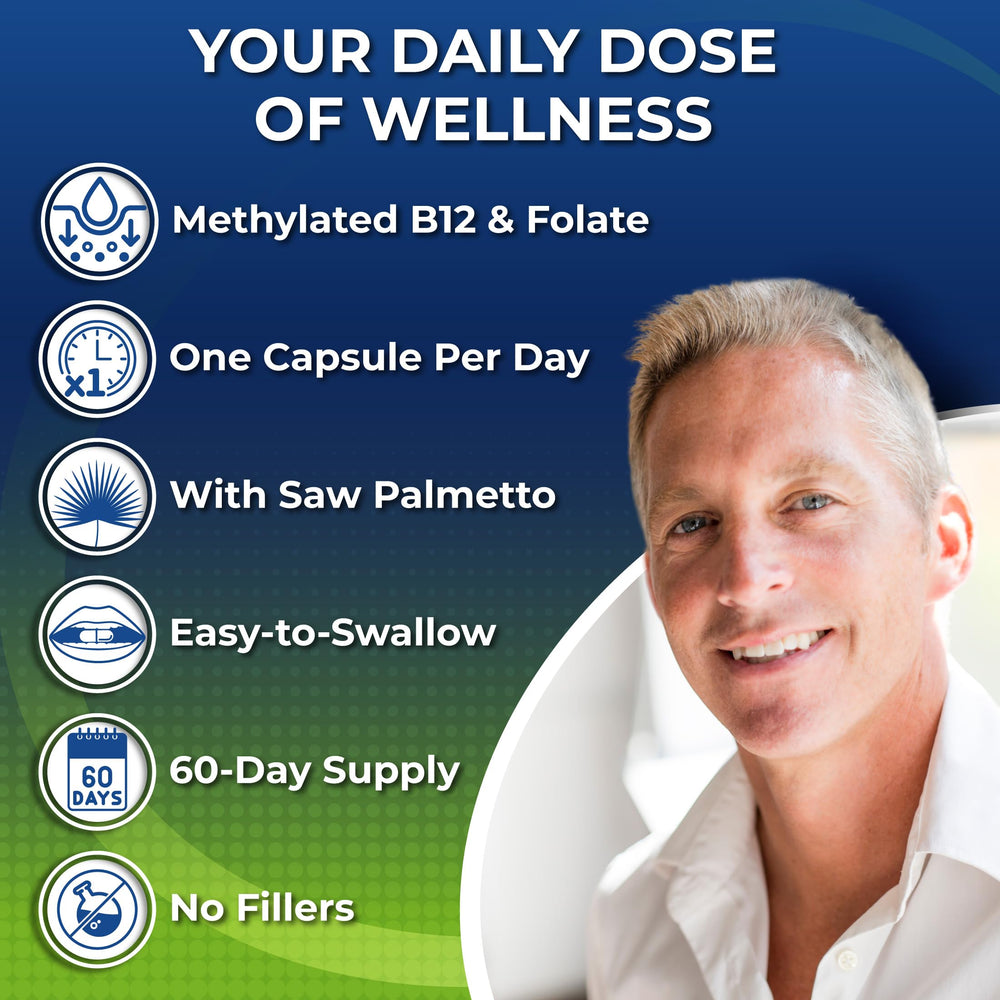 Supplements Studio Men's Daily Multivitamin capsules closeup highlights vegan formula and easy swallow.