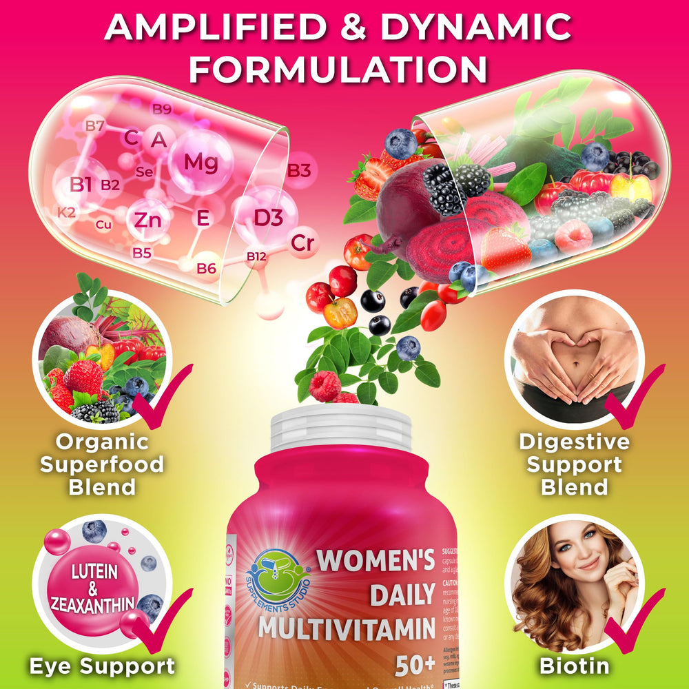 SUPPLEMENTS STUDIO Women's Daily Multivitamin 50 Plus label detail showing vegan formula and organic superfoods.