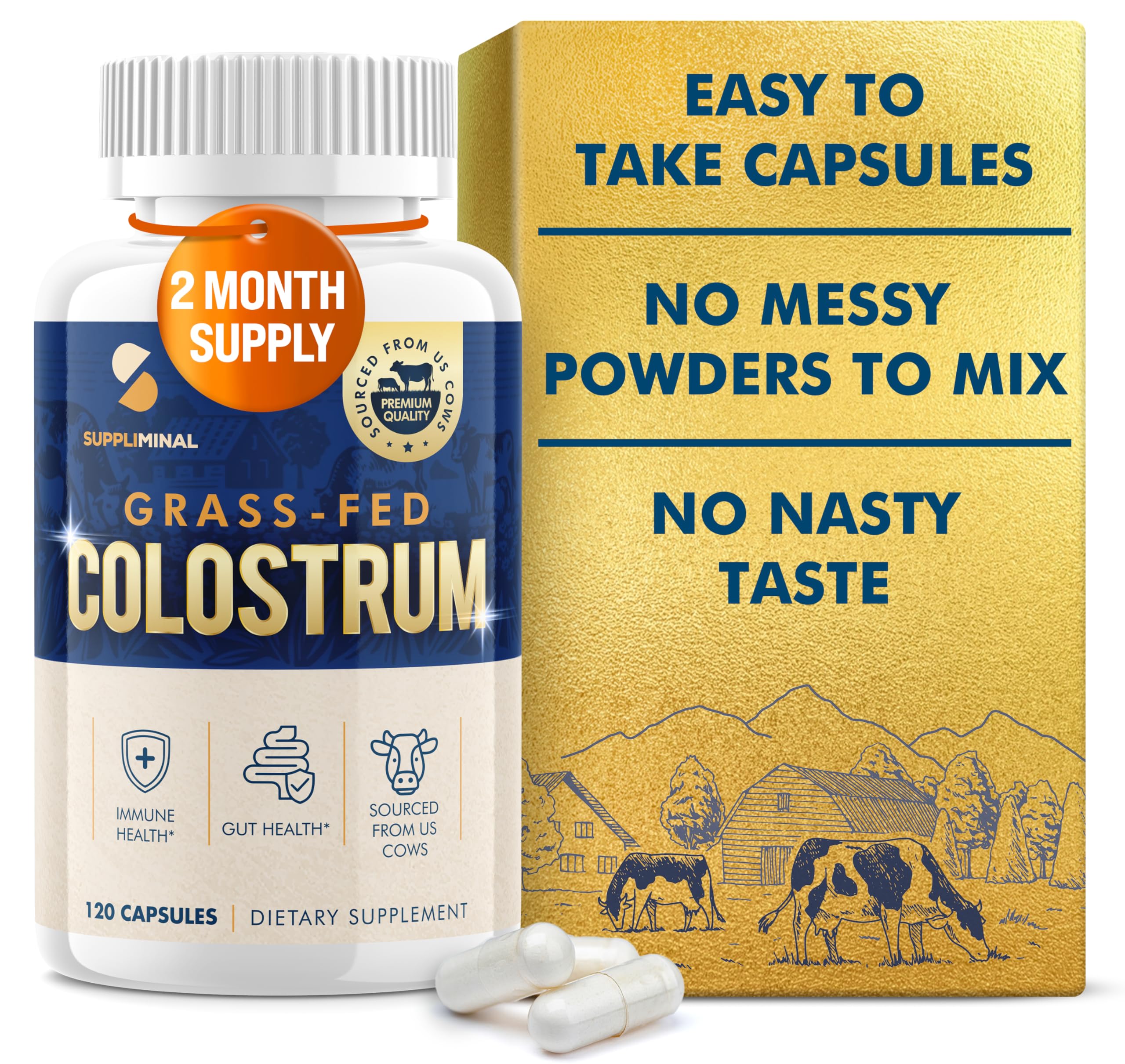 Suppliminal Colostrum Capsules: 120-count bottle for daily immune and digestive support