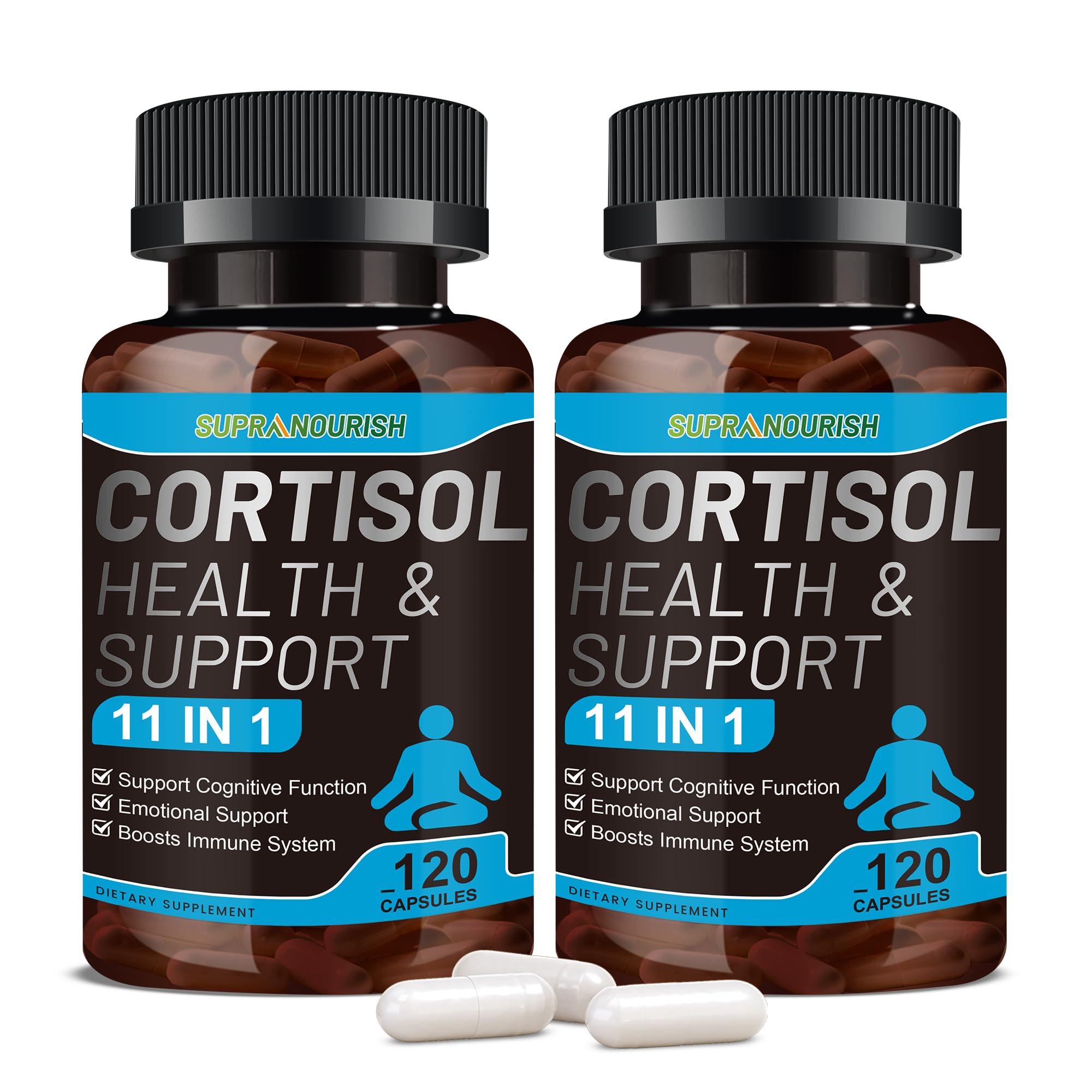 SUPRANOURISH Cortisol Manager bottle front showing 11-in-1 formula for daily balance