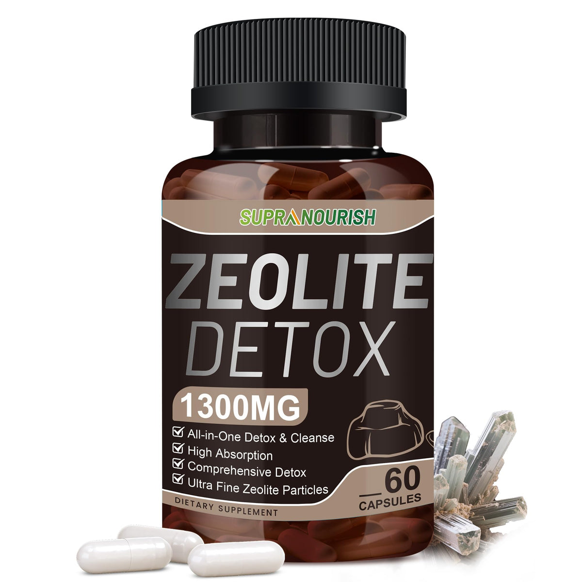 SUPRANOURISH Zeolite Detox bottle shows a 60-capsule supply for daily wellness.