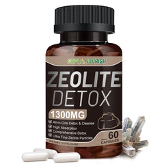 SUPRANOURISH Zeolite Detox bottle shows a 60-capsule supply for daily wellness.
