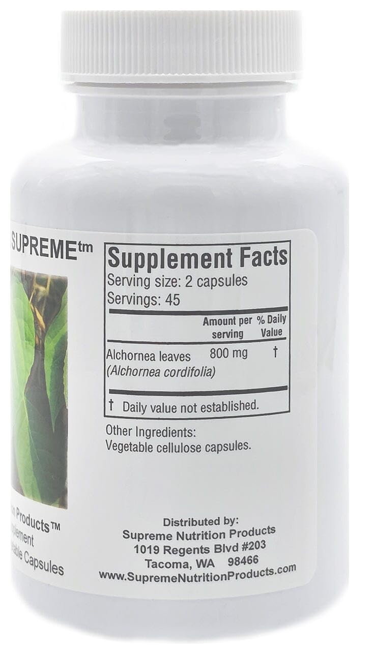 Supreme Nutrition Alchornea Supreme bottle pouring capsules for daily regimen.
