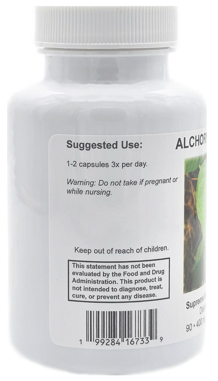 Supreme Nutrition Alchornea Supreme capsules in bottle for easy daily use.