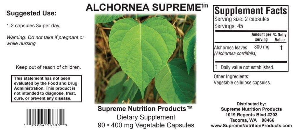 Supreme Nutrition Alchornea Supreme lab testing seal signaling quality assurance.