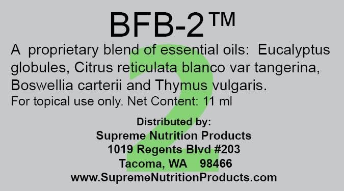 Supreme Nutrition BFB-2 essential oil blend label closeup showing pure formulation and ingredients.