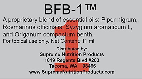 Supreme Nutrition BFB-1 essential oil blend ingredients panel highlights four botanicals