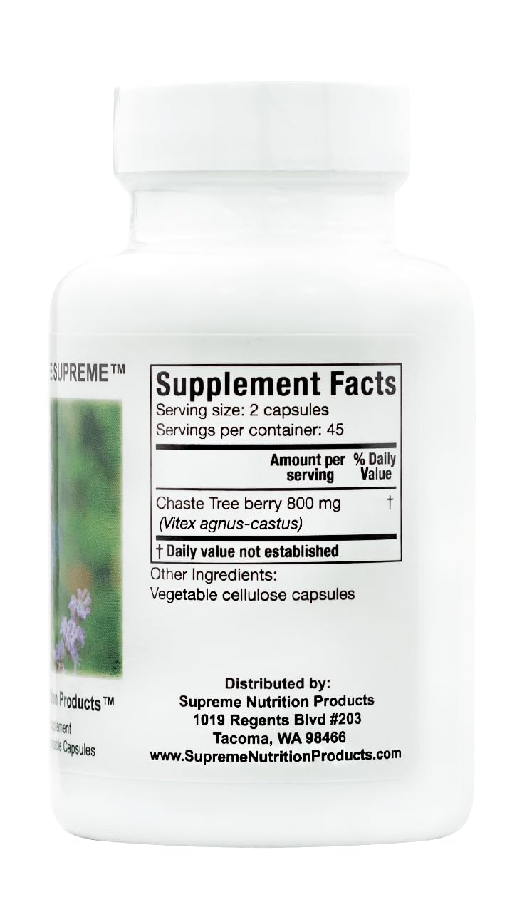Supreme Nutrition Chaste Tree Supreme bottle back with supplement facts for transparency