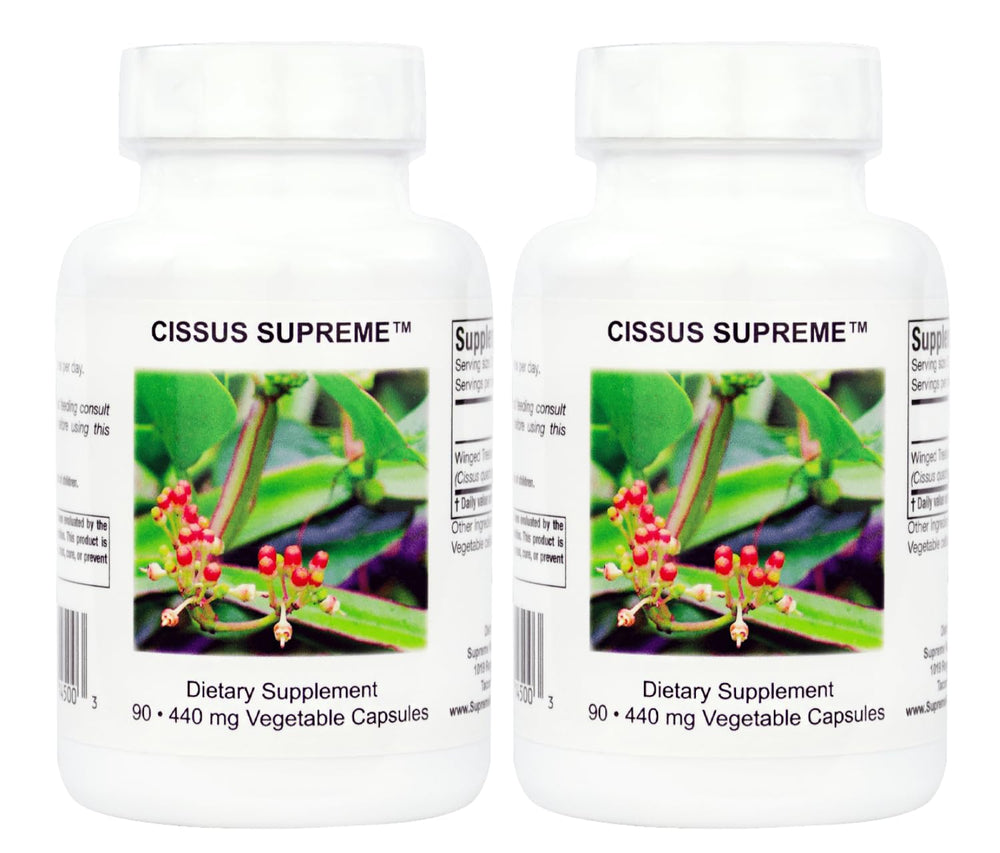 Supreme Nutrition Cissus Supreme bottle front with pure Winged Treebine capsules for daily use