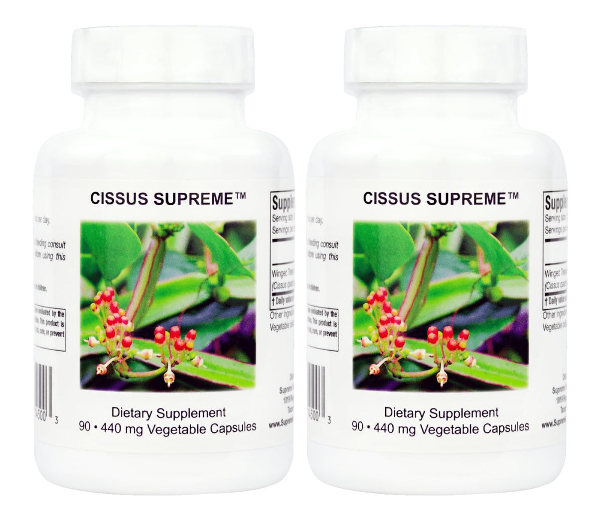 Supreme Nutrition Cissus Supreme bottle front with pure Winged Treebine capsules for daily use