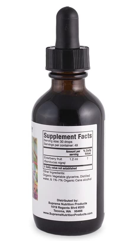 Label close-up of Supreme Nutrition Elderberry Tincture showing ingredients.