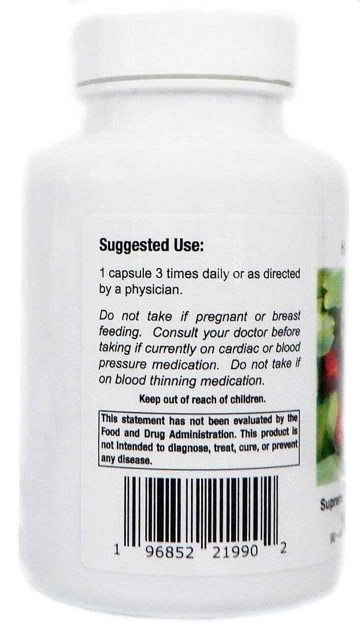 Supreme Nutrition Hawthorn bottle side-angle view highlighting lab-tested quality and cGMP standards.