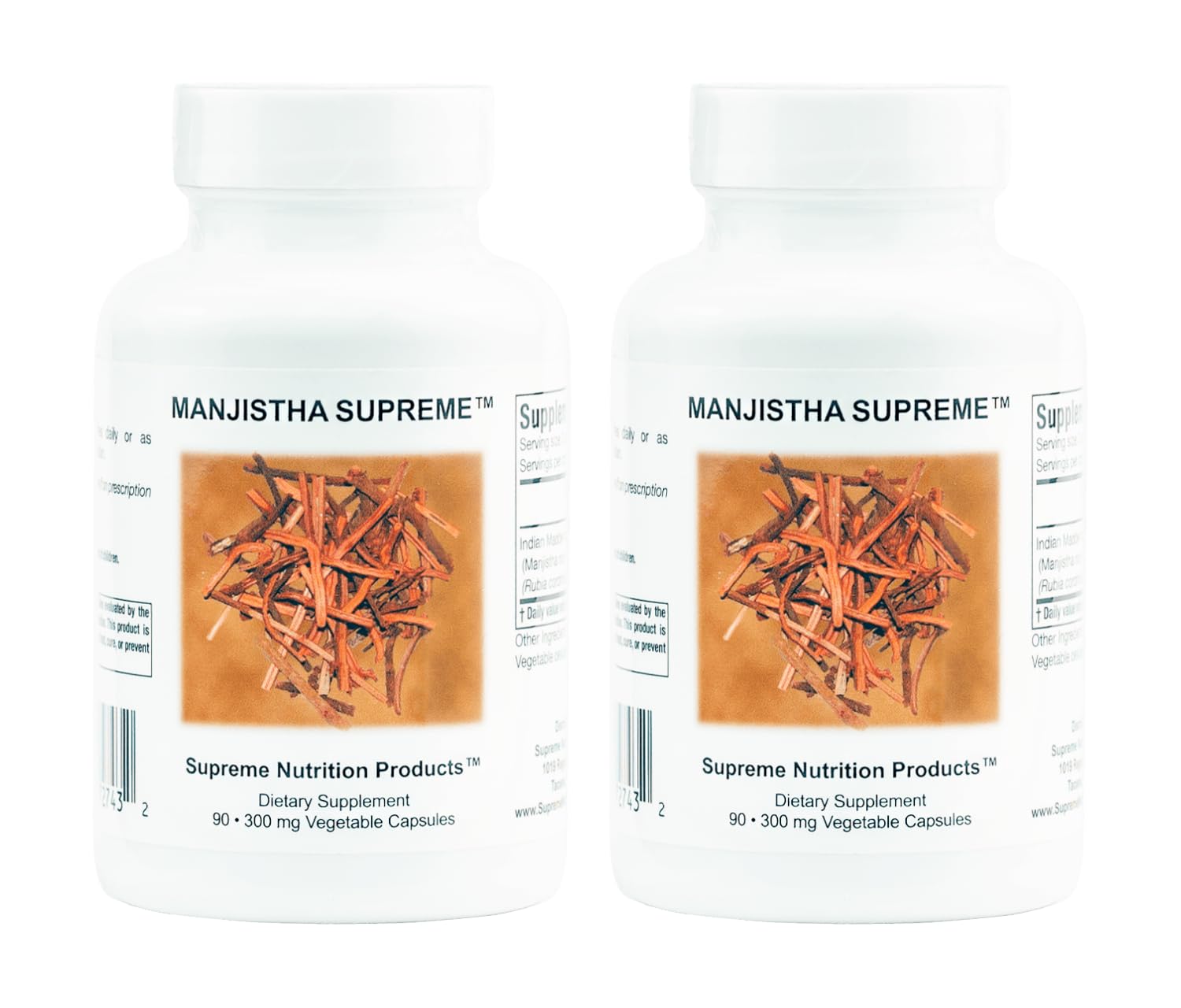 Supreme Nutrition Manjistha Supreme bottle front shows vegetarian capsules for daily wellness.