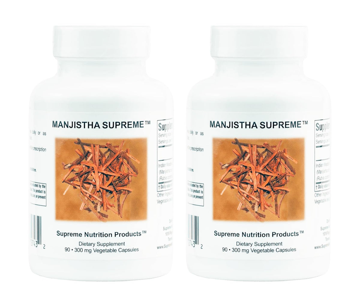 Supreme Nutrition Manjistha Supreme bottle front shows vegetarian capsules for daily wellness.