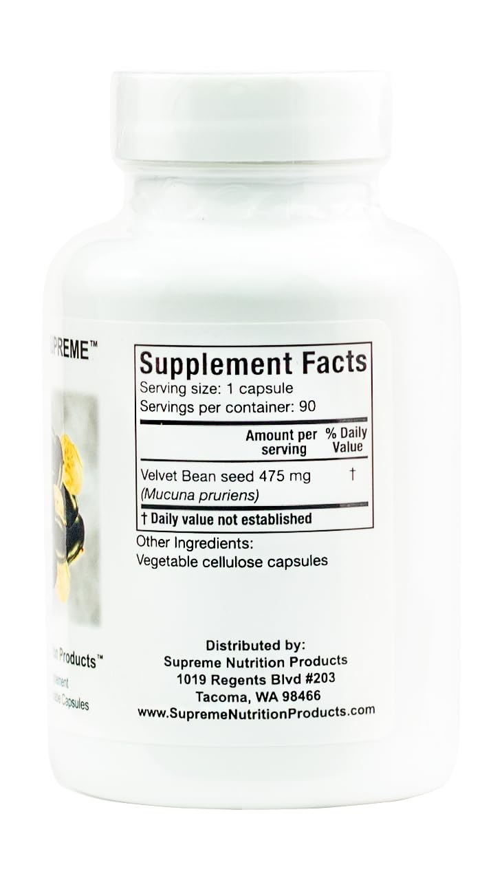Supreme Nutrition Mucuna Supreme capsules close-up highlighting pure cowhage