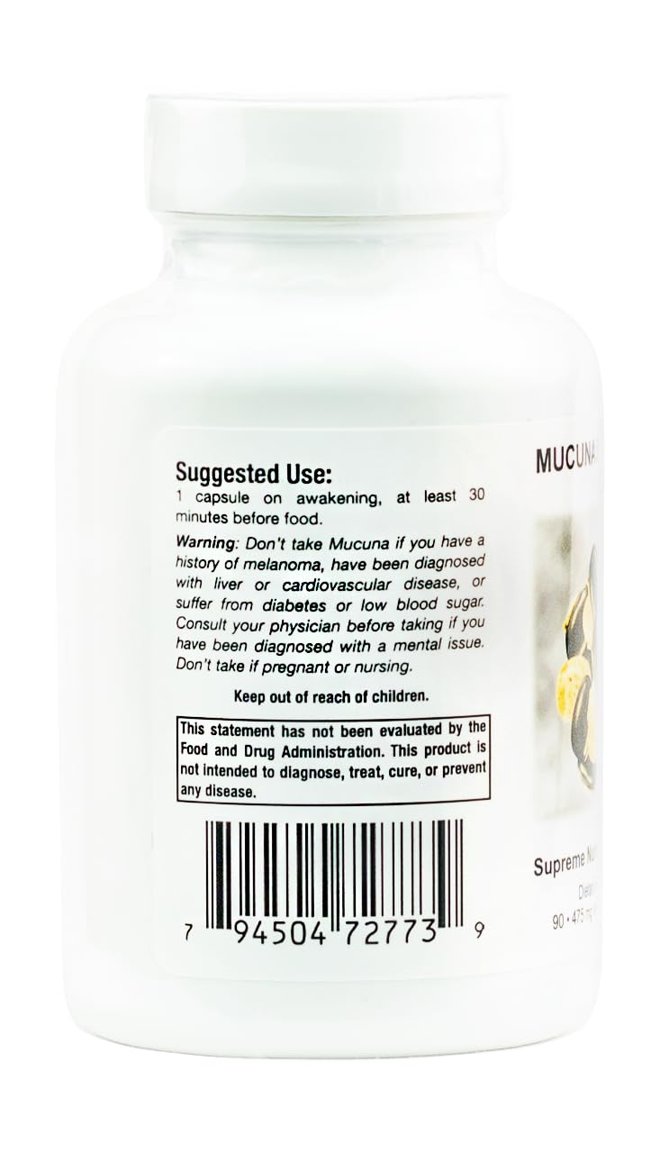 Supreme Nutrition Mucuna Supreme label emphasizing no fillers or additives